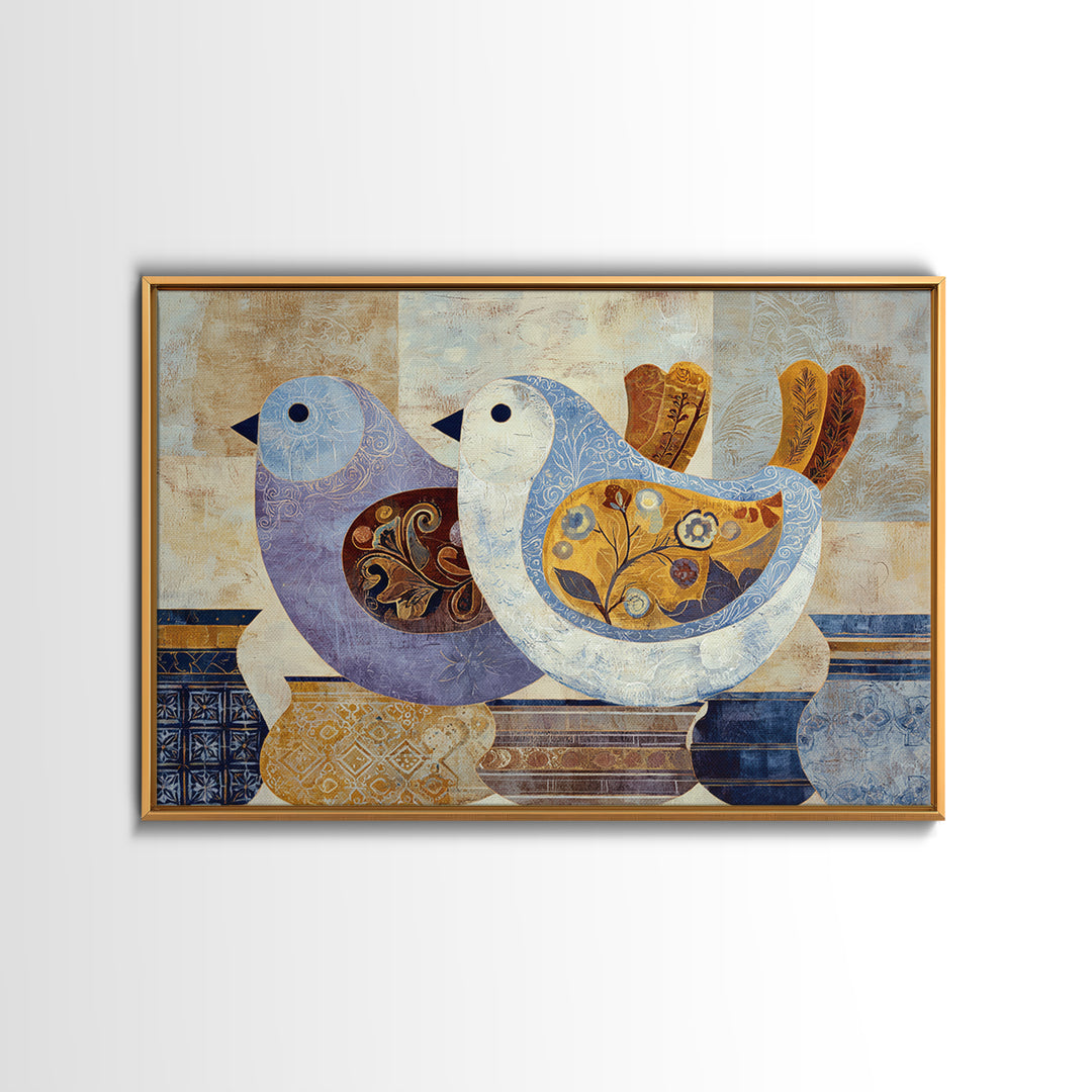 Boho Bird Pair Framed Canvas Print, Boho Art, Art Nouveau, Living Room Decor, Bohemian 596, Wall Print, Set of Prints, BOH-3x2-96