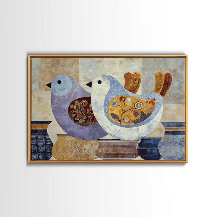 Boho Bird Pair Framed Canvas Print, Boho Art, Art Nouveau, Living Room Decor, Bohemian 596, Wall Print, Set of Prints, BOH-3x2-96