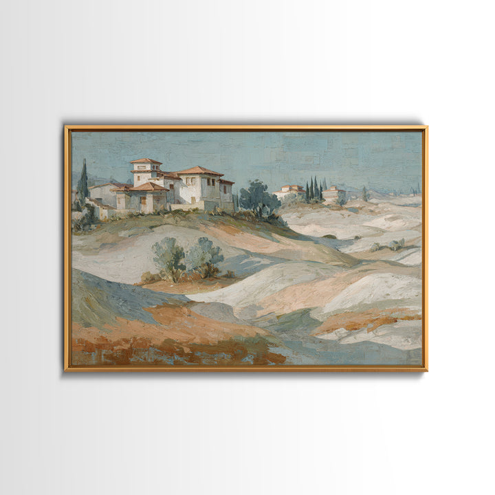 Sunrise over Rolling Dunes in Muted Peach Framed Canvas Print, Boho Art, Living Room Decor, Watercolor Art, Bohemian, BOH-3x2-97
