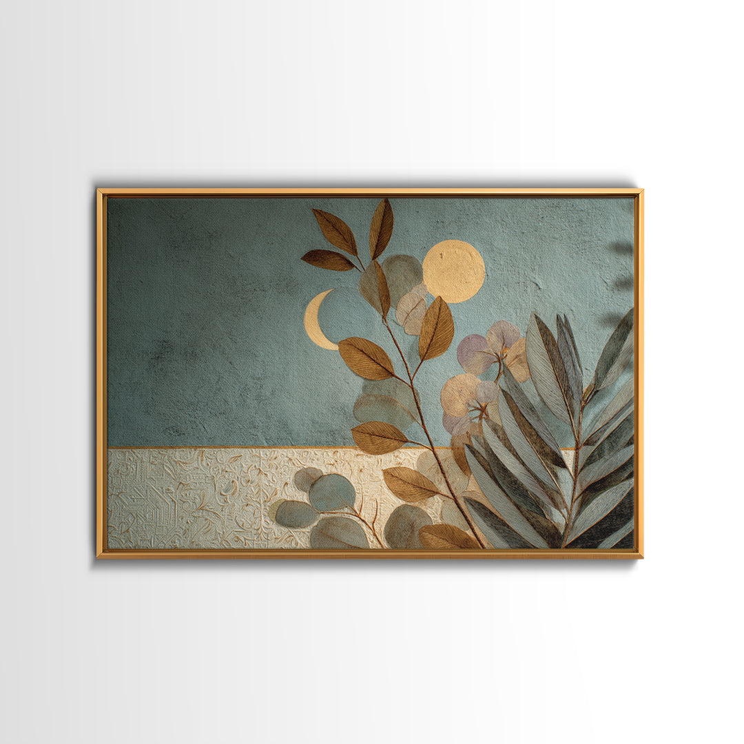 Sage Green Eucalyptus and Crescent Moon Framed Canvas Print, Boho Art, Garden Art, Living Room Decor, Fine Art, Bohemian, BOH-3x2-99