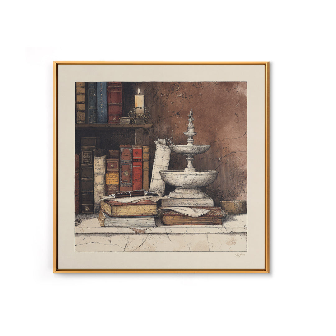 Old Fountain Pen Beside Parchment and Books Canvas Print, Bookstore Art, Book Wall Art, Bookstore Decor, Fine Art, Literary, BOO-1x1-14