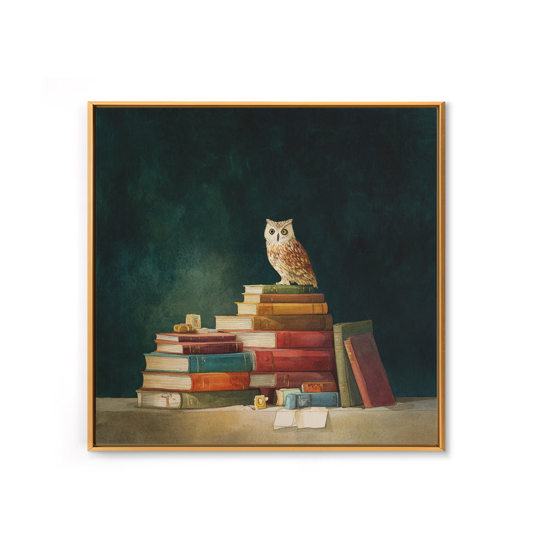 Owl Perched on a Stack of Classics Framed Canvas Print, Bookstore Art, Fine Art Print, Bookstore Decor, Abstract Art, Literary, BOO-1x1-57