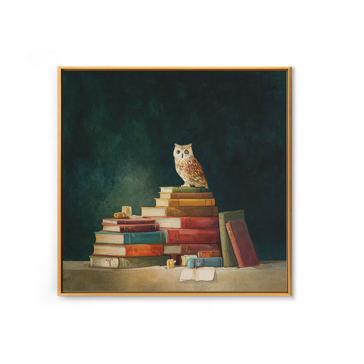 Owl Perched on a Stack of Classics Framed Canvas Print, Bookstore Art, Fine Art Print, Bookstore Decor, Abstract Art, Literary, BOO-1x1-57