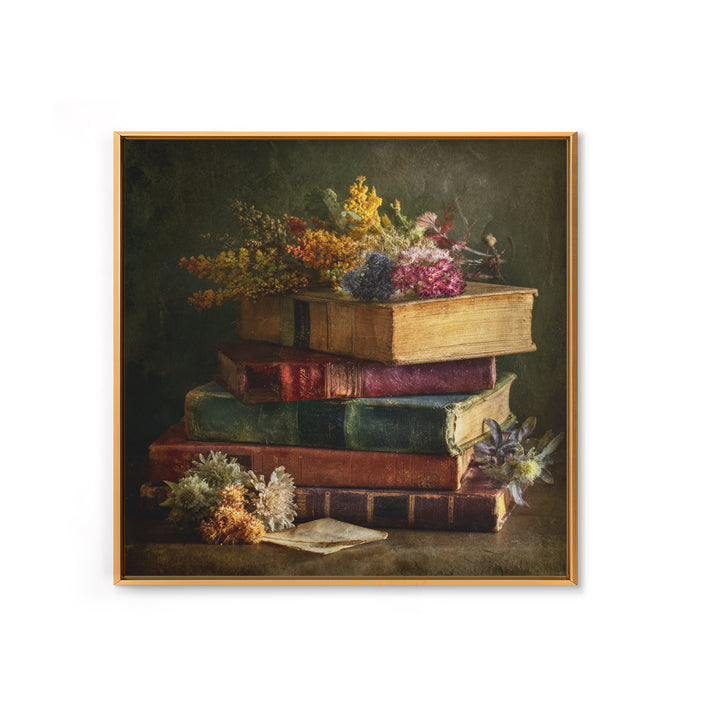 Stack of Antique Books Framed Canvas Print, Bookstore Art, Luxury Decor, Bookstore Decor, Fine Art, Literary, Pink Wall Art, BOO-1x1-73