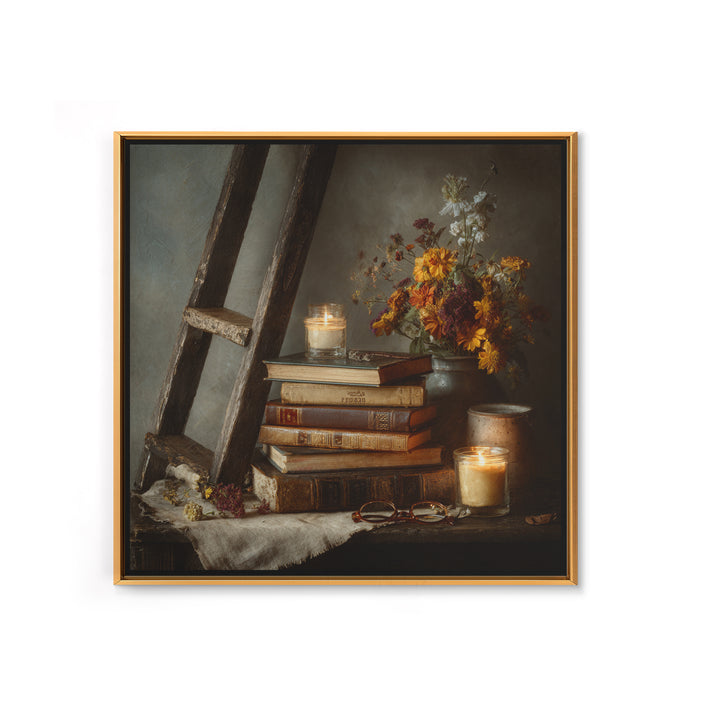 Old Library Ladder and Books Framed Canvas Print, Bookstore Art, Gallery Decor, Bookstore Decor, Fine Art, Literary, BOO-1x1-78