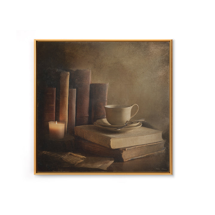 Teacup Beside a Worn Leather Bound Book Framed Canvas Print, Bookstore Art, Neutral Decor, Bookstore Decor, Fine Art, Literary, BOO-1x1-80