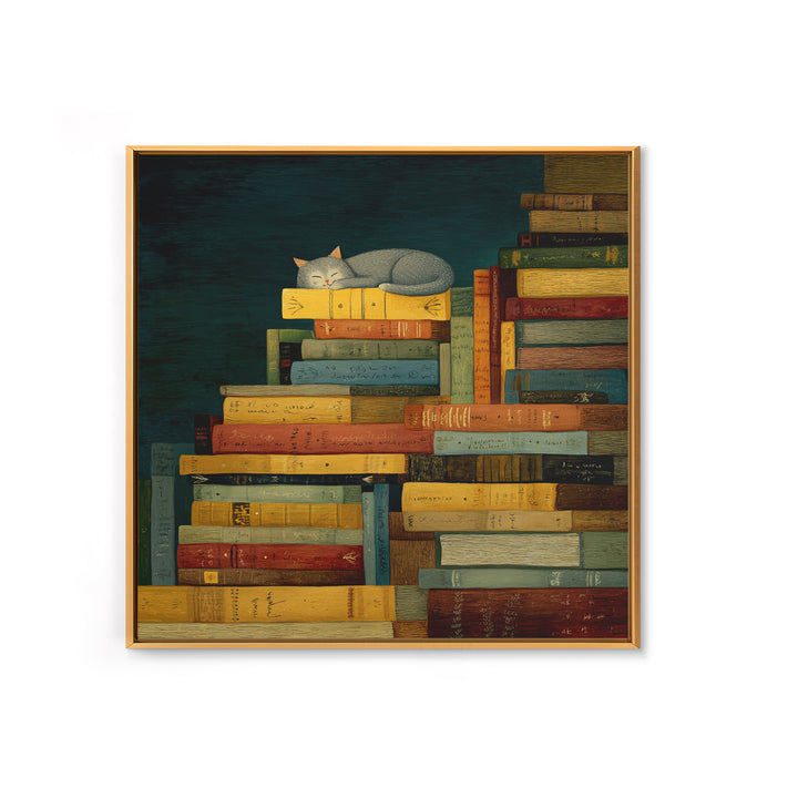 Cat Sleeping on a Pile of Novels Canvas Print, Bookstore Art, Statement Artwork, Bookstore Decor, Fine Art, Literary, BOO-1x1-98