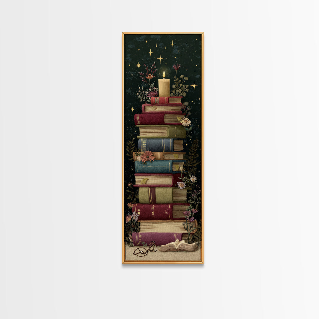 Moonlit Book with Tiny Stars Rising Framed Canvas Print, Bookstore Art, Modern Decor, Bookstore Decor, Fine Art, Literary, BOO-1x3-4