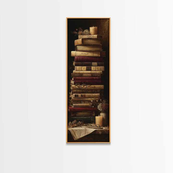 Warm Sepia Book Pile Canvas Print, Bookstore Art, Printable Wall Art, Bookstore Decor, Abstract Art, Literary, Whimsical Art, BOO-1x3-60