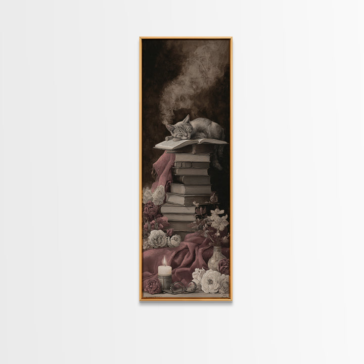 Cat Sleeping on a Pile of Novels Framed Canvas Print, Bookstore Art, Wall Decor, Bookstore Decor, Fine Art, Literary, BOO-1x3-62