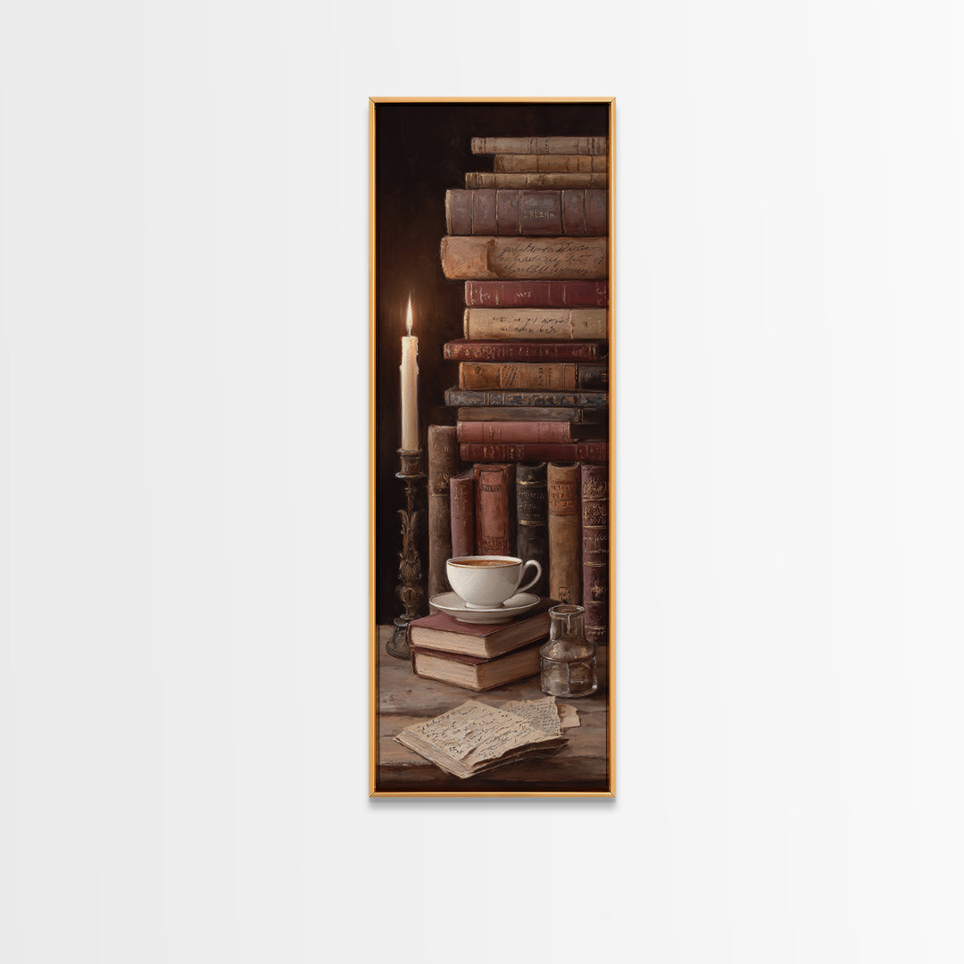 Teacup Beside a Worn Leather Bound Book Canvas Print, Bookstore Art, Library Decor, Bookstore Decor, Fine Art, Literary, BOO-1x3-68