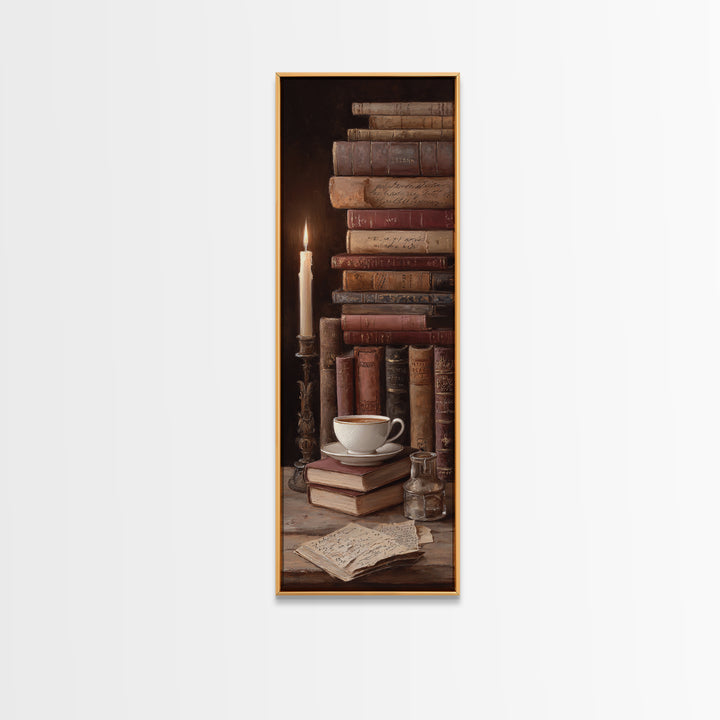Teacup Beside a Worn Leather Bound Book Canvas Print, Bookstore Art, Library Decor, Bookstore Decor, Fine Art, Literary, BOO-1x3-68