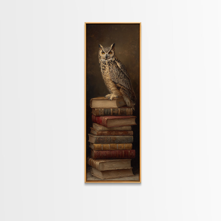 Owl Perched on a Stack of Classics Framed Canvas Print, Bookstore Art, Boho Decor, Bookstore Decor, Oil Painting, Literary, BOO-1x3-69
