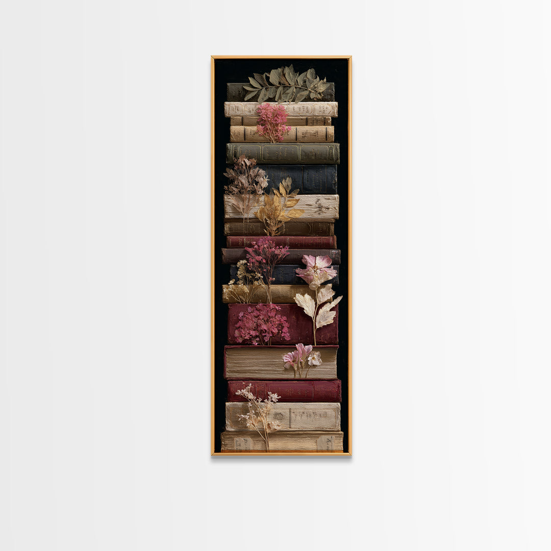 Pressed Flowers Between Book Pages Framed Canvas Print, Bookstore Art, Office Art, Bookstore Decor, Oil Painting, Literary, BOO-1x3-79