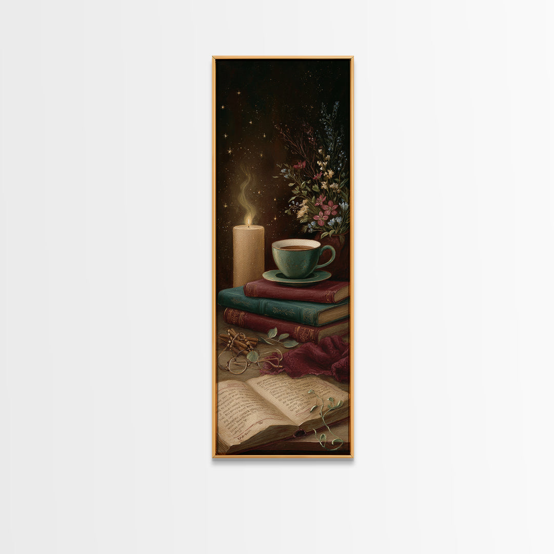 Teacup Beside a Worn Leather Bound Book Framed Canvas Print, Bookstore Art, Office Art, Bookstore Decor, Fine Art, Literary, BOO-1x3-92