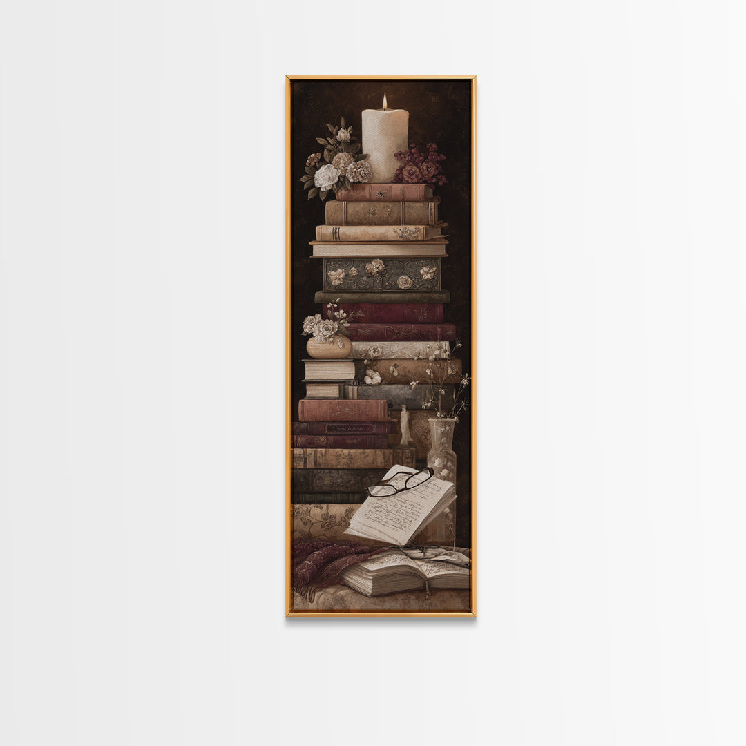 Botanical Bookmark and Open Pages Arrangement Framed Canvas Print, Bookstore Art, Downloadable Art, Bookstore Decor, Literary, BOO-1x3-96