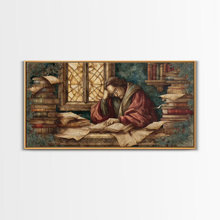 Renaissance Scholar Portrait Framed Canvas Print, Bookstore Art, Feminine Wall Art, Bookstore Decor, Fine Art, Literary, BOO-2x1-19