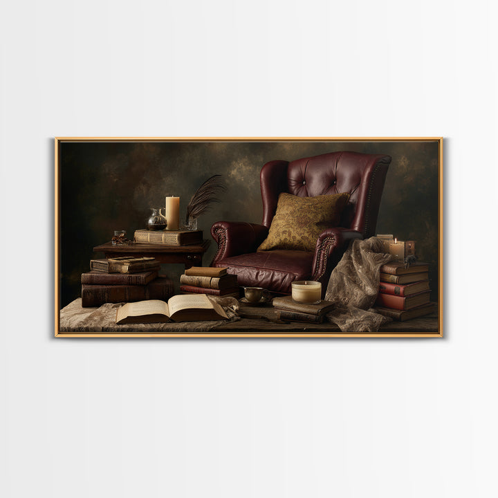 Cozy Reading Chair Still Life Without Room Framed Canvas Print, Bookstore Art, Painting, Bookstore Decor, Fine Art, Literary, BOO-2x1-25