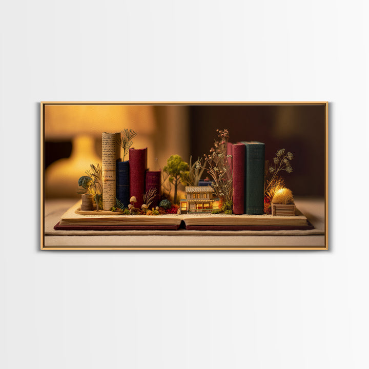Miniature Garden Growing from an Open Book Canvas Print, Bookstore Art, Textured Painting, Bookstore Decor, Fine Art, Literary, BOO-2x1-66