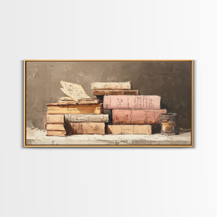 Warm Sepia Book Pile Framed Canvas Print, Bookstore Art, Book Art, Bookstore Decor, Oil Painting, Literary, Feminine Wall Art, BOO-2x1-92