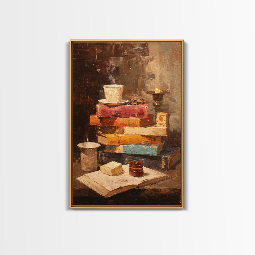 Rainy Day Reading Still Life Framed Canvas Print, Bookstore Art, Pink Wall Art, Bookstore Decor, Oil Painting, Literary, BOO-2x3-53