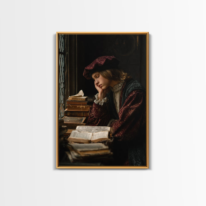 Renaissance Scholar Portrait Canvas Print, Bookstore Art, Autumn Decor, Bookstore Decor, Oil Painting, Literary, BOO-2x3-7