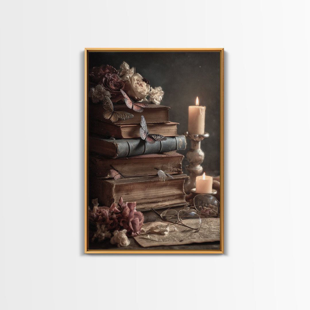 Open Book Releasing Painted Butterflies Framed Canvas Print, Bookstore Art, Autumn Decor, Bookstore Decor, Fine Art, Literary, BOO-2x3-84