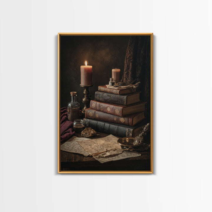 Dark Academia Candle and Book Still Life Framed Canvas Print, Bookstore Art, Pink Wall Art, Bookstore Decor, Fine Art, Literary, BOO-2x3-90