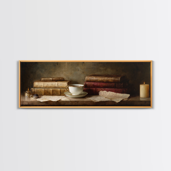Teacup Beside a Worn Leather Bound Book Framed Canvas Print, Bookstore Art, Home Decor, Bookstore Decor, Fine Art, Literary, BOO-3x1-72