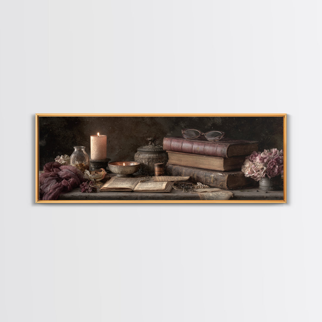 Dark Academia Candle and Book Still Life Framed Canvas Print, Bookstore Art, Office Art, Bookstore Decor, Oil Painting, BOO-3x1-74