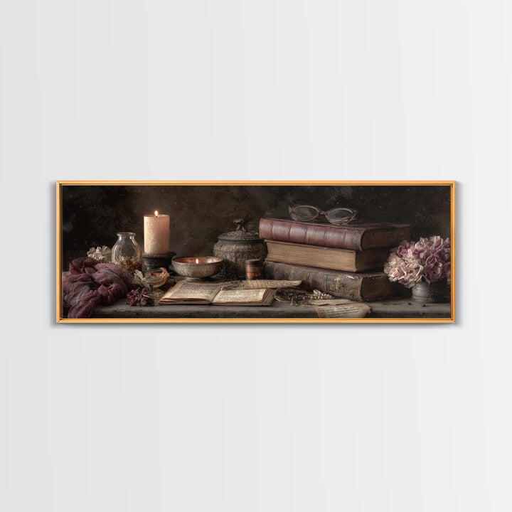 Dark Academia Candle and Book Still Life Framed Canvas Print, Bookstore Art, Office Art, Bookstore Decor, Oil Painting, BOO-3x1-74