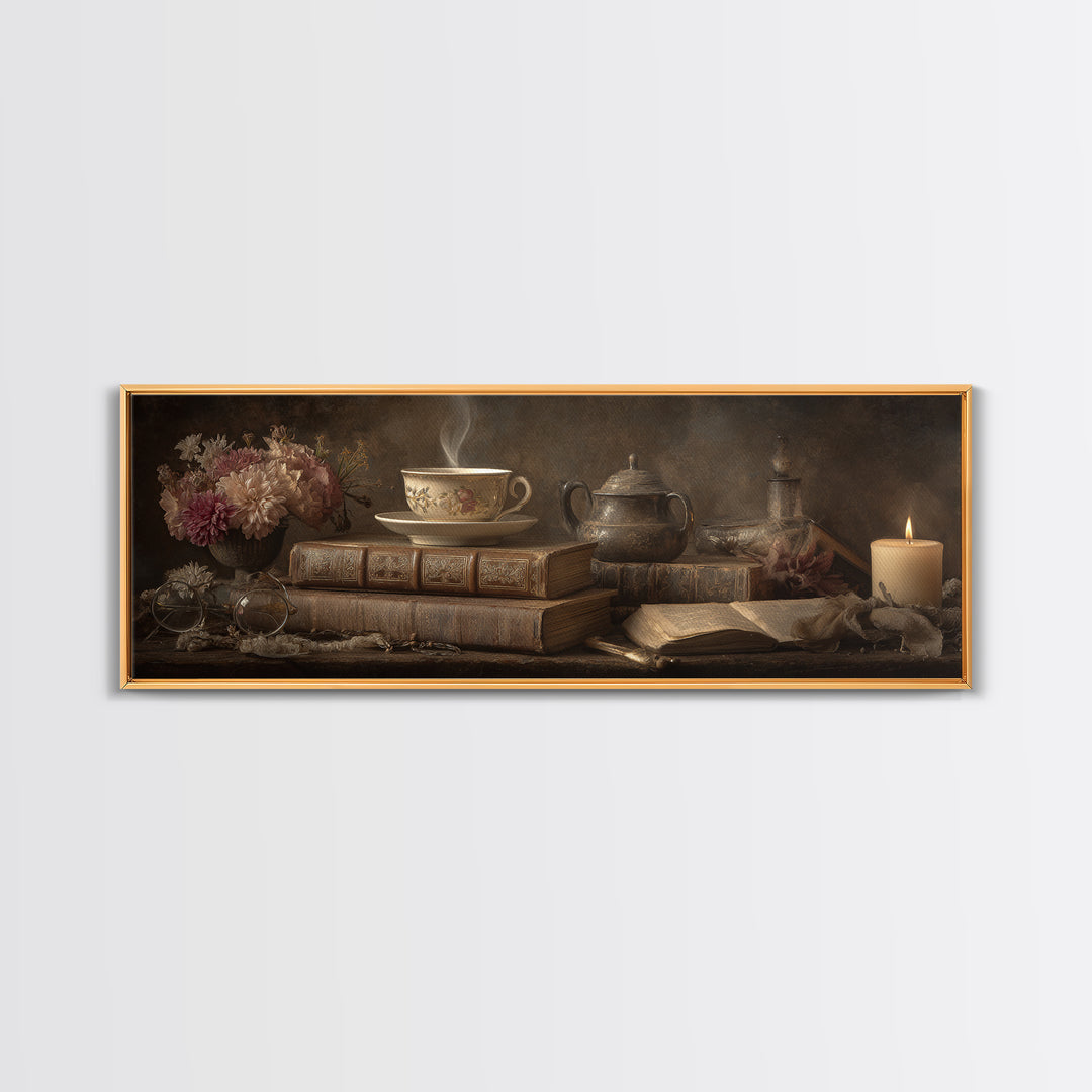 Teacup Beside a Worn Leather Bound Book Canvas Print, Bookstore Art, Wall Decor, Bookstore Decor, Fine Art, Literary, BOO-3x1-96
