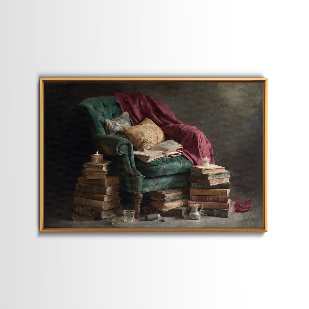 Cozy Reading Chair Still Life Without Room Canvas Print, Bookstore Art, Bookish Wall Art, Bookstore Decor, Fine Art, Literary, BOO-3x2-33