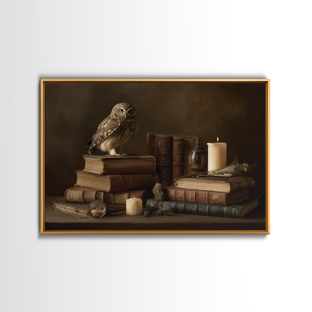 Owl Perched on a Stack of Classics Canvas Print, Bookstore Art, Book Wall Art, Bookstore Decor, Oil Painting, Literary, BOO-3x2-37