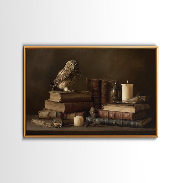 Owl Perched on a Stack of Classics Canvas Print, Bookstore Art, Book Wall Art, Bookstore Decor, Oil Painting, Literary, BOO-3x2-37