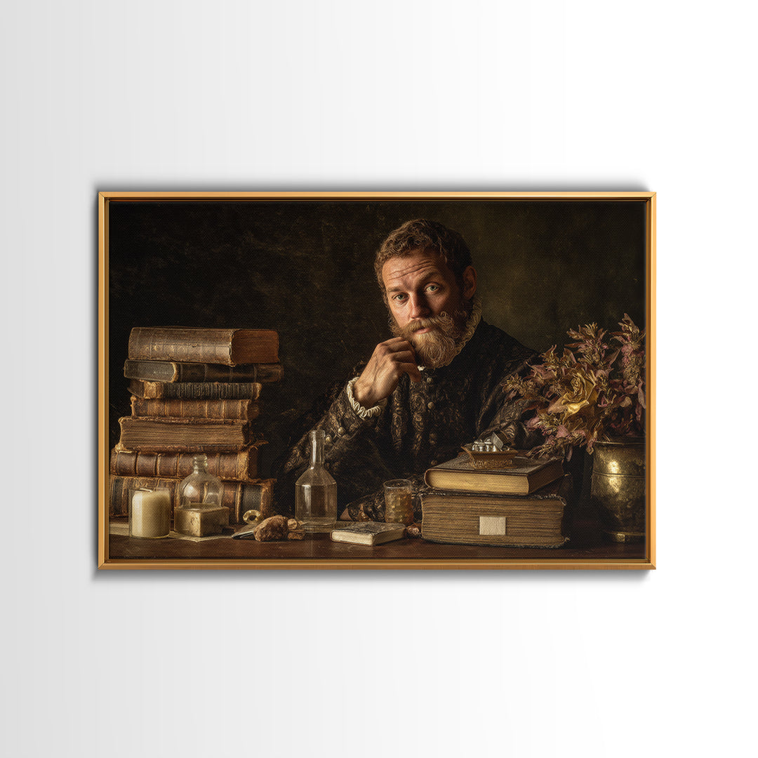 Renaissance Scholar Portrait Canvas Print, Bookstore Art, Boho Decor, Bookstore Decor, Oil Painting, Literary, Printable Art, BOO-3x2-75