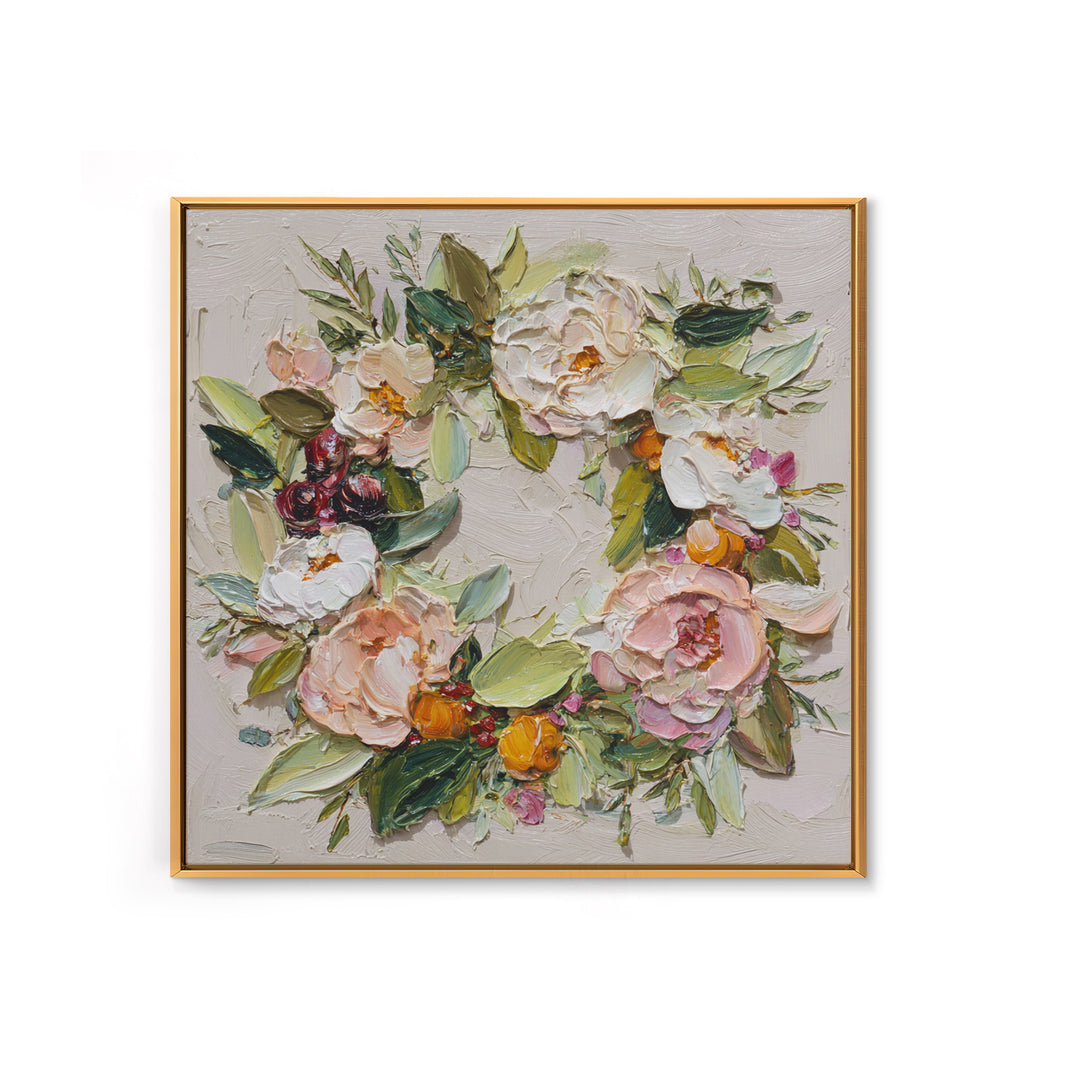Botanical Wreath with Leaves Berries and Flowers Canvas Print, Botanical Art, Boho Wall Art, Living Room Decor, Botanic, BOT-1x1-24
