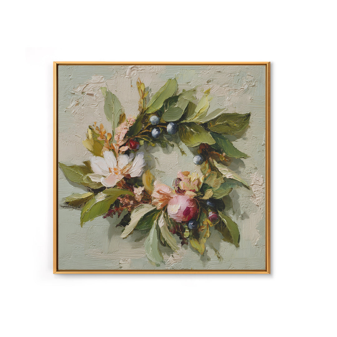 Botanical Wreath with Leaves Berries and Flowers Framed Canvas Print, Botanical Art, Art Print, Living Room Decor, Botanic, BOT-1x1-96