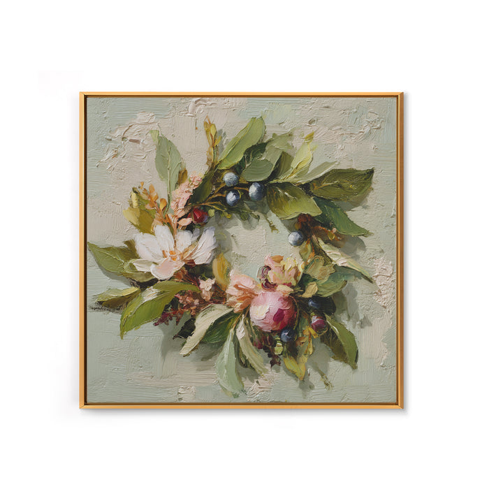 Botanical Wreath with Leaves Berries and Flowers Framed Canvas Print, Botanical Art, Art Print, Living Room Decor, Botanic, BOT-1x1-96