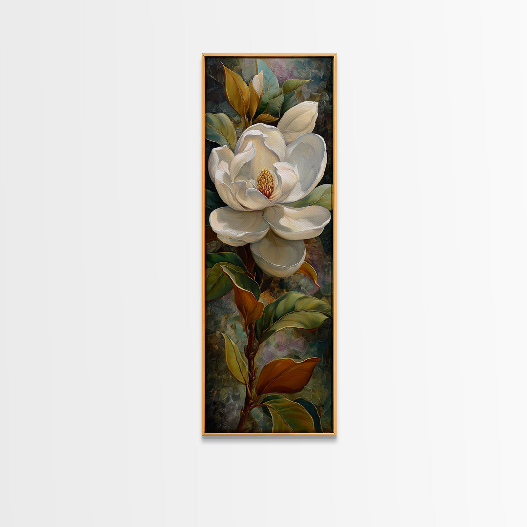 Dramatic White Magnolia on Dark Background Canvas Print, Botanical Art, Neutral Decor, Living Room Decor, Oil Painting, Botanic, BOT-1x3-18