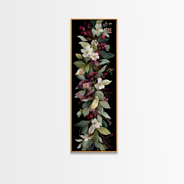 Botanical Wreath with Leaves Berries and Flowers Canvas Print, Botanical Art, Oil Painting, Living Room Decor, Botanic, BOT-1x3-60