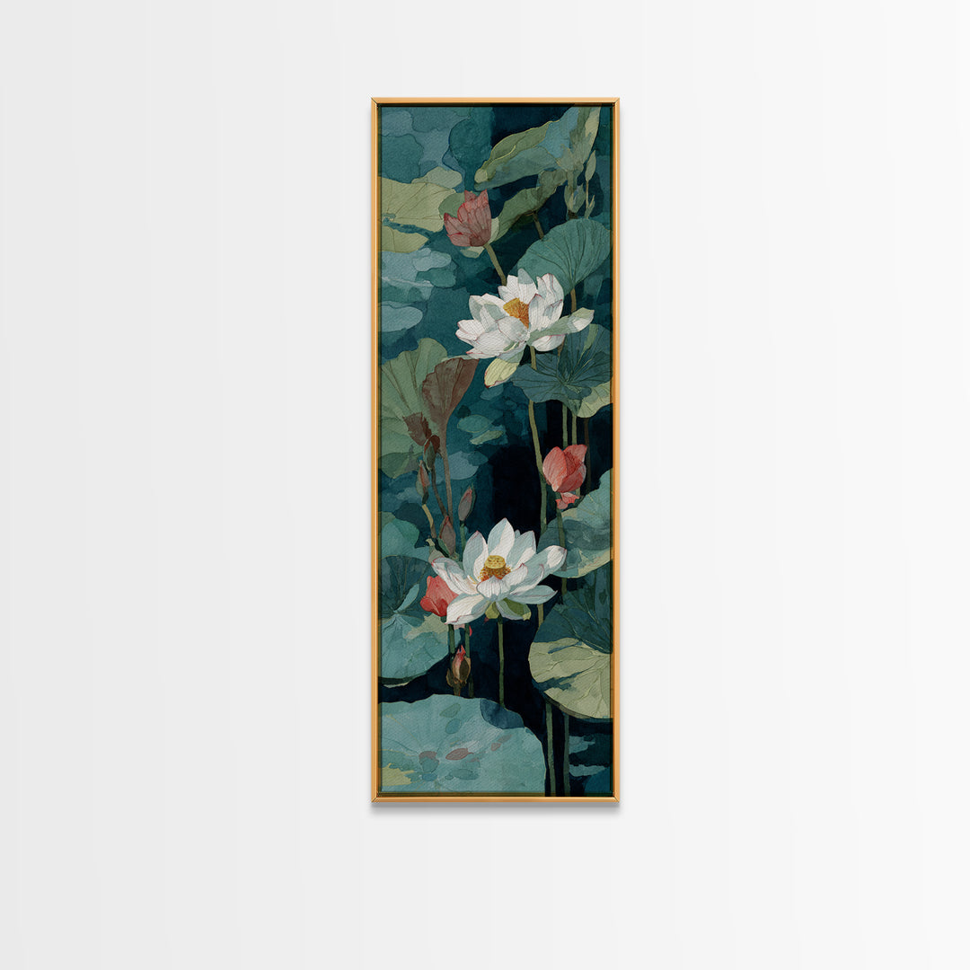 Lotus Flower and Lily Pads on Still Framed Canvas Print, Botanical Art, Sage Green Wall Art, Living Room Decor, Oil Painting, BOT-1x3-79