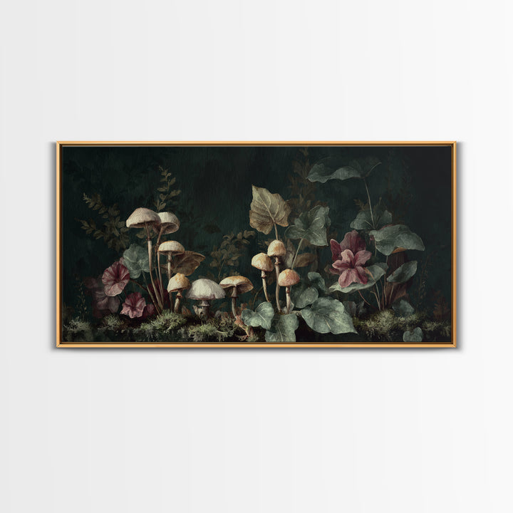 Mushrooms and Moss Botanical Field Study Framed Canvas Print, Botanical Art, Living Room Decor, Watercolor Art, Botanic, BOT-2x1-29