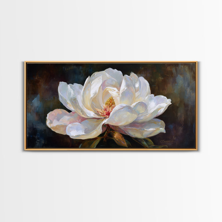 Dramatic White Magnolia on Dark Background Framed Canvas Print, Botanical Art, Art, Living Room Decor, Oil Painting, Botanic, BOT-2x1-50