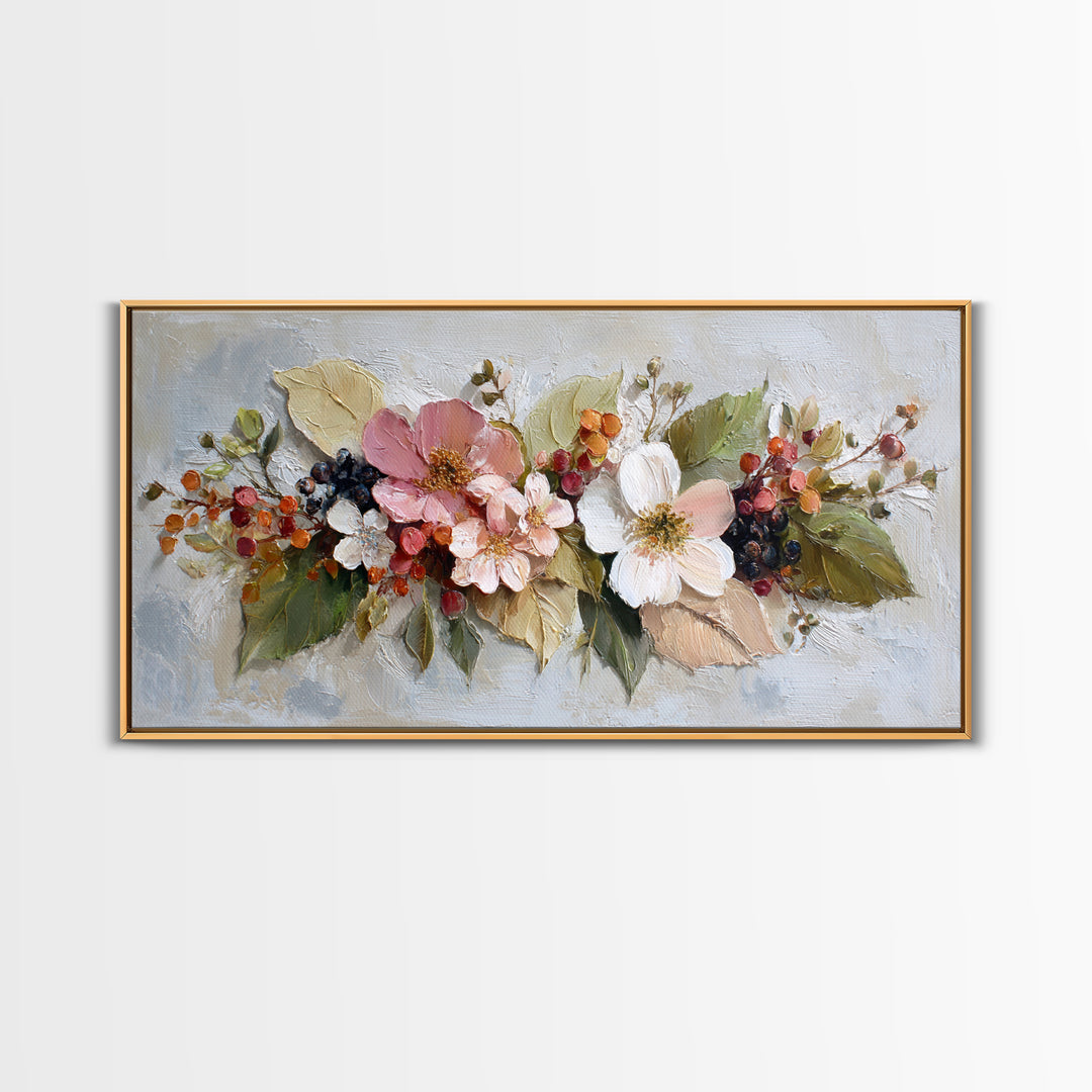 Botanical Wreath with Leaves Berries and Flowers Canvas Print, Botanical Art, Wall Art Prints, Living Room Decor, Botanic, BOT-2x1-68
