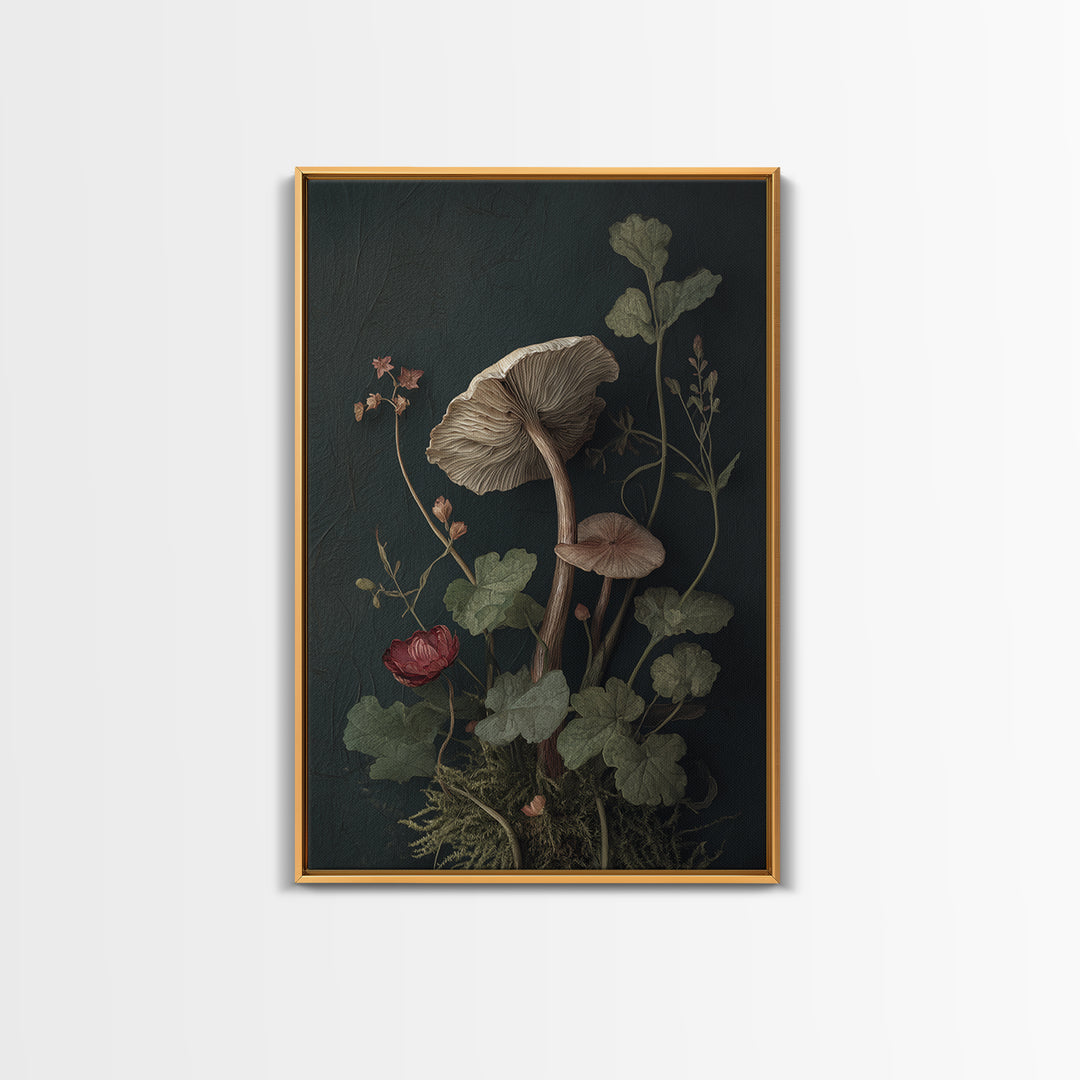 Mushrooms and Moss Botanical Field Study Framed Canvas Print, Botanical Art, Oil Painting, Living Room Decor, Fine Art, Botanic, BOT-2x3-17