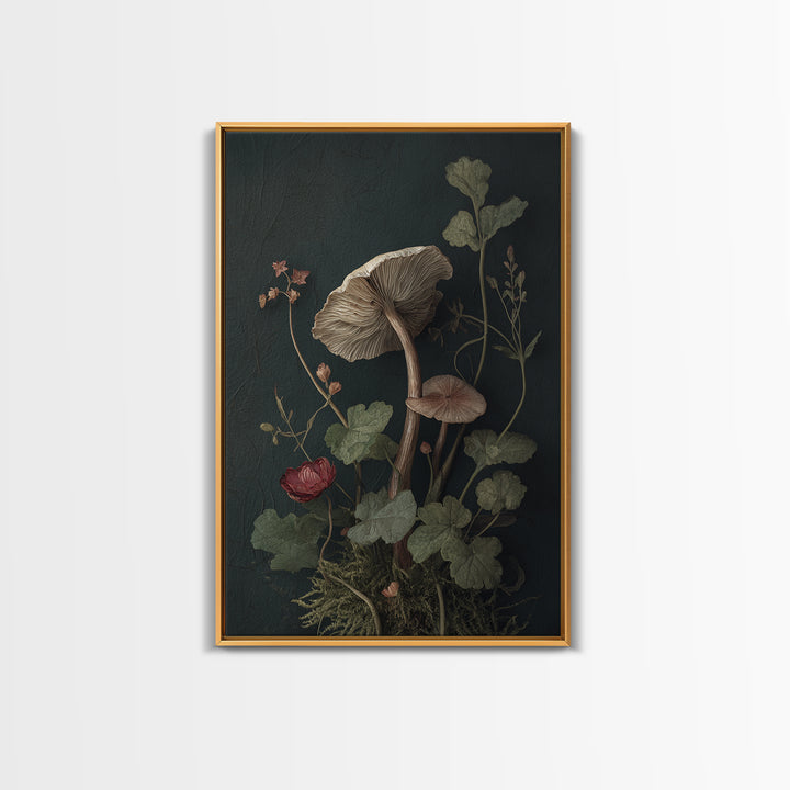 Mushrooms and Moss Botanical Field Study Framed Canvas Print, Botanical Art, Oil Painting, Living Room Decor, Fine Art, Botanic, BOT-2x3-17