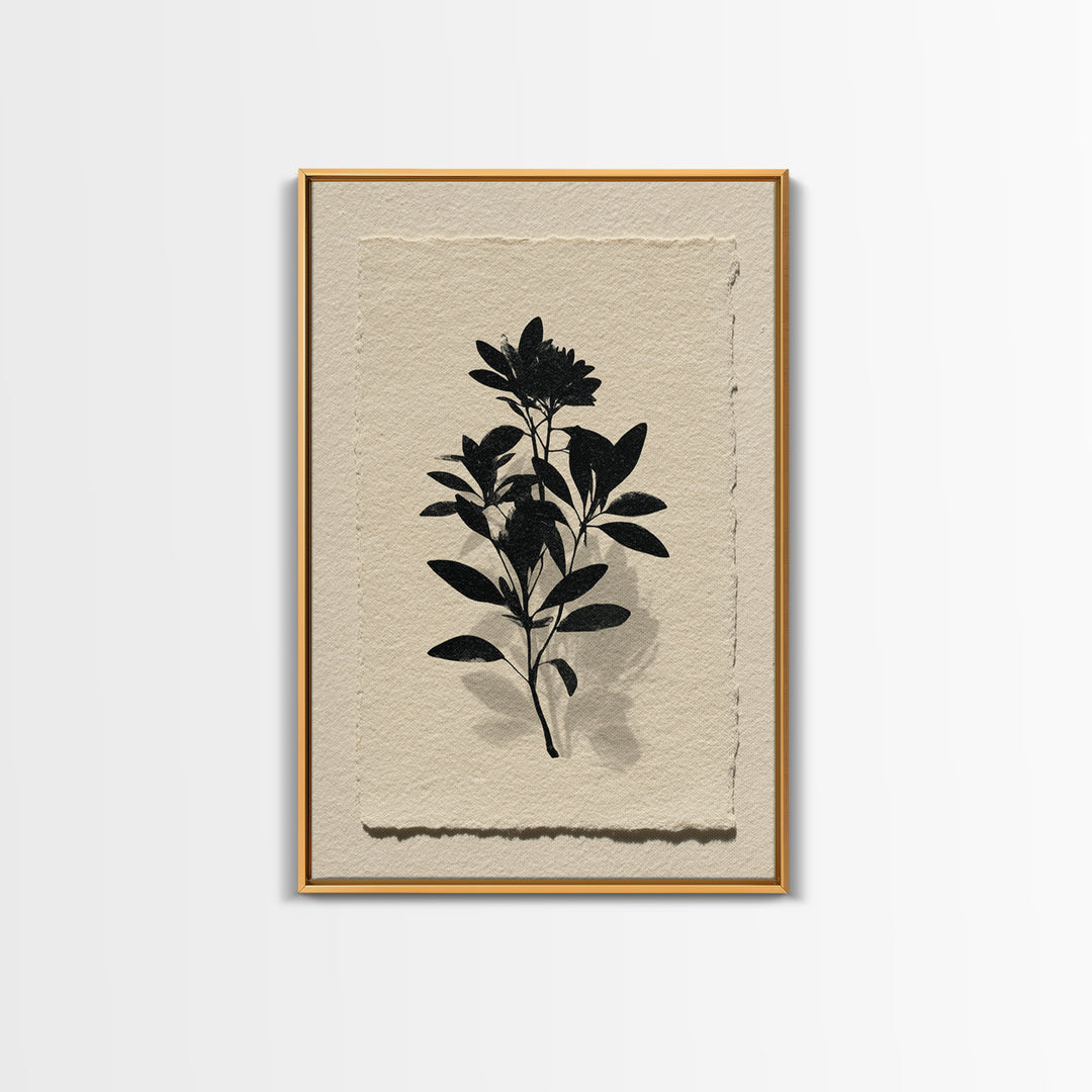 Black Ink Botanical Silhouette on Cream Paper Canvas Print, Botanical Art, Living Room Decor, Watercolor Art, Botanic, BOT-2x3-29