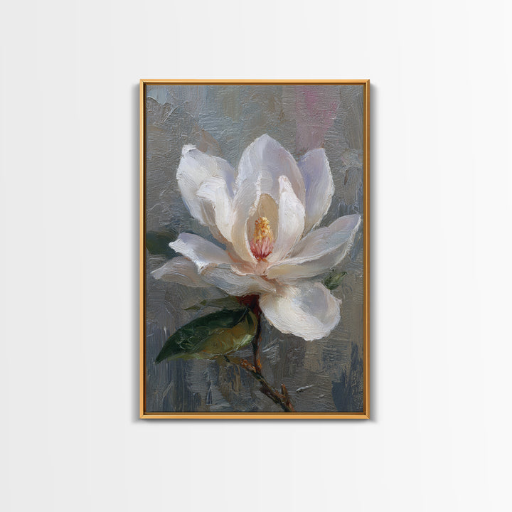 Dramatic White Magnolia on Dark Background Framed Canvas Print, Botanical Art, Art Print, Living Room Decor, Fine Art, Botanic, BOT-2x3-38
