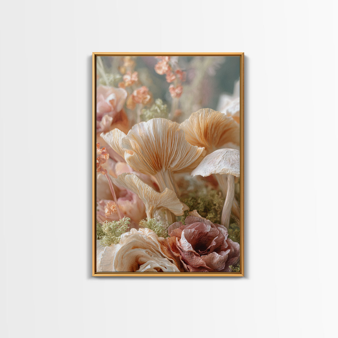Mushrooms and Moss Botanical Field Study Framed Canvas Print, Botanical Art, Oil Painting, Living Room Decor, Fine Art, Botanic, BOT-2x3-41